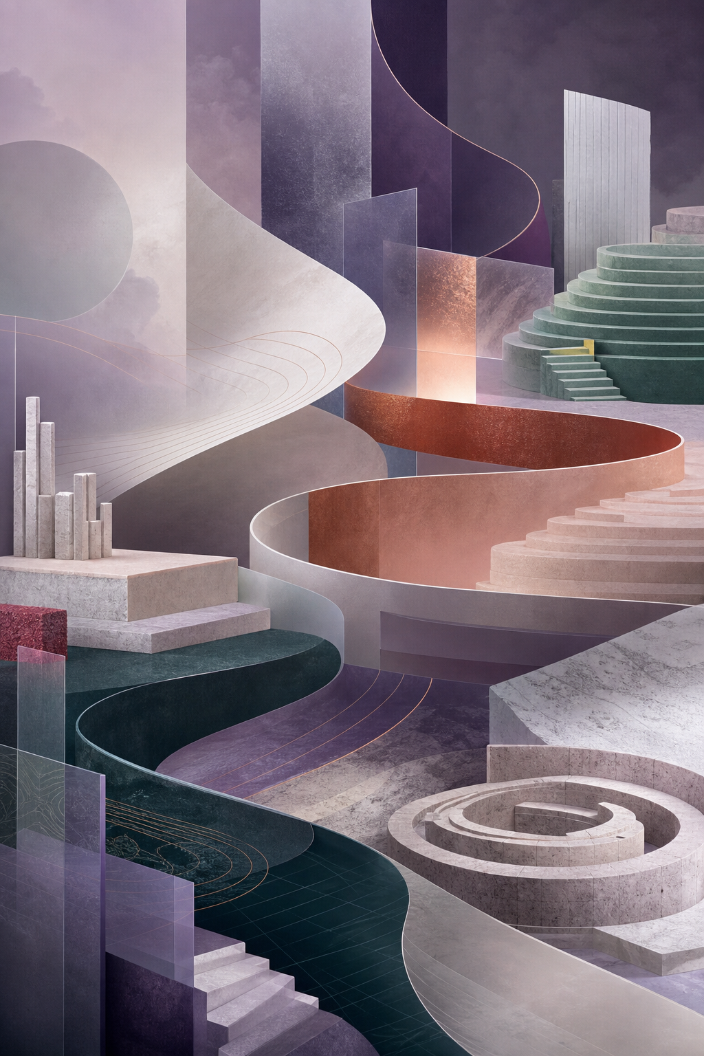 Abstract editorial ribbons crossing layered game perspectives
